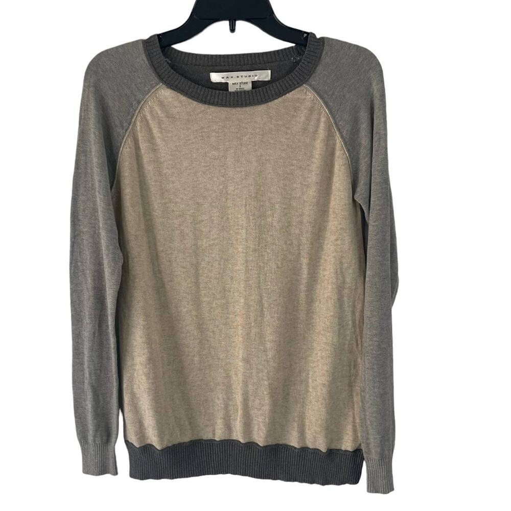 Max Studio Women's Size Small Colorblock Academia Grey Cream Crew Neck Sweater